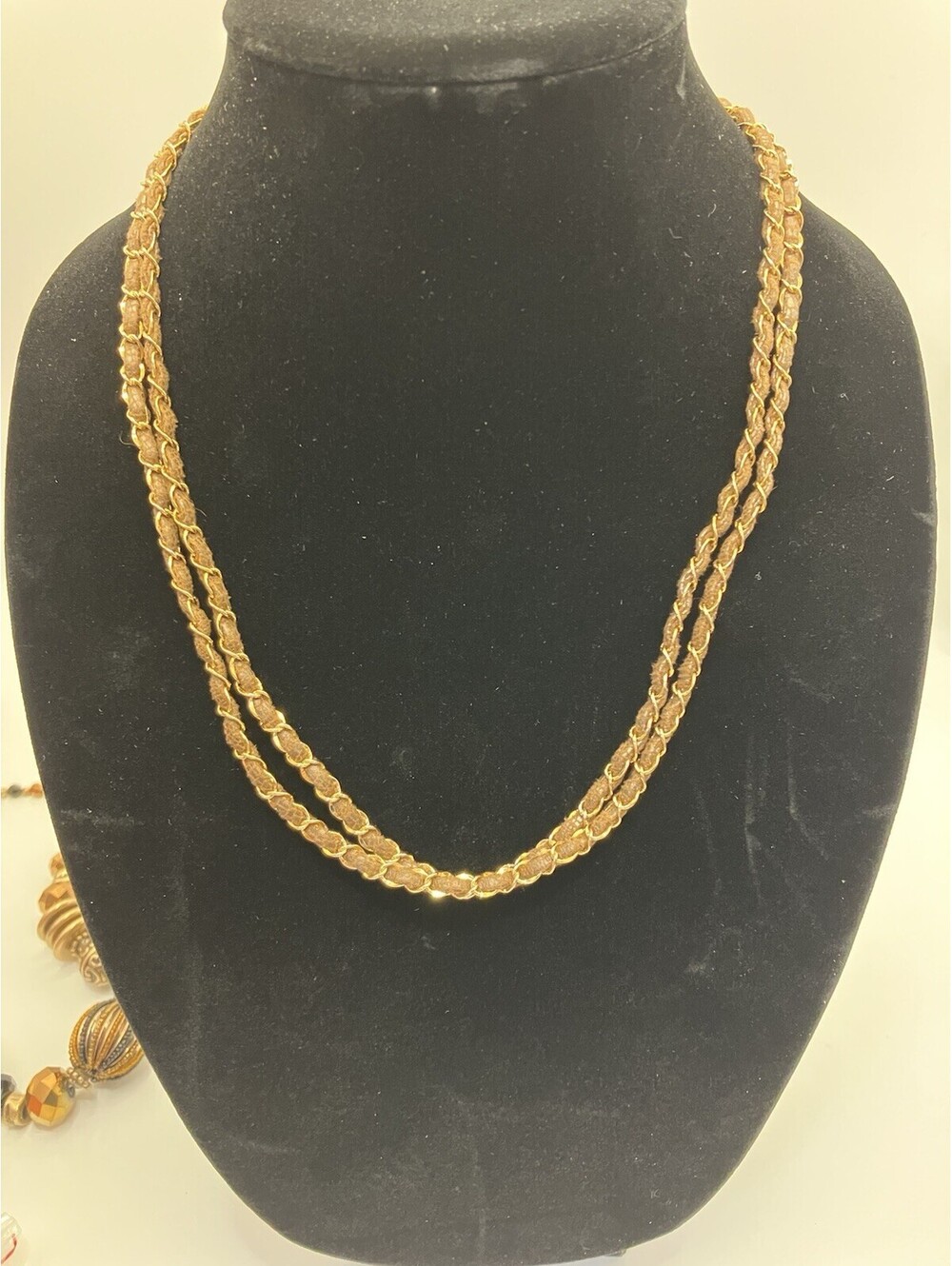 Gold Tone Brown Faux Leather Interwoven Long Rope Chain Necklace 22 Inch R Charm